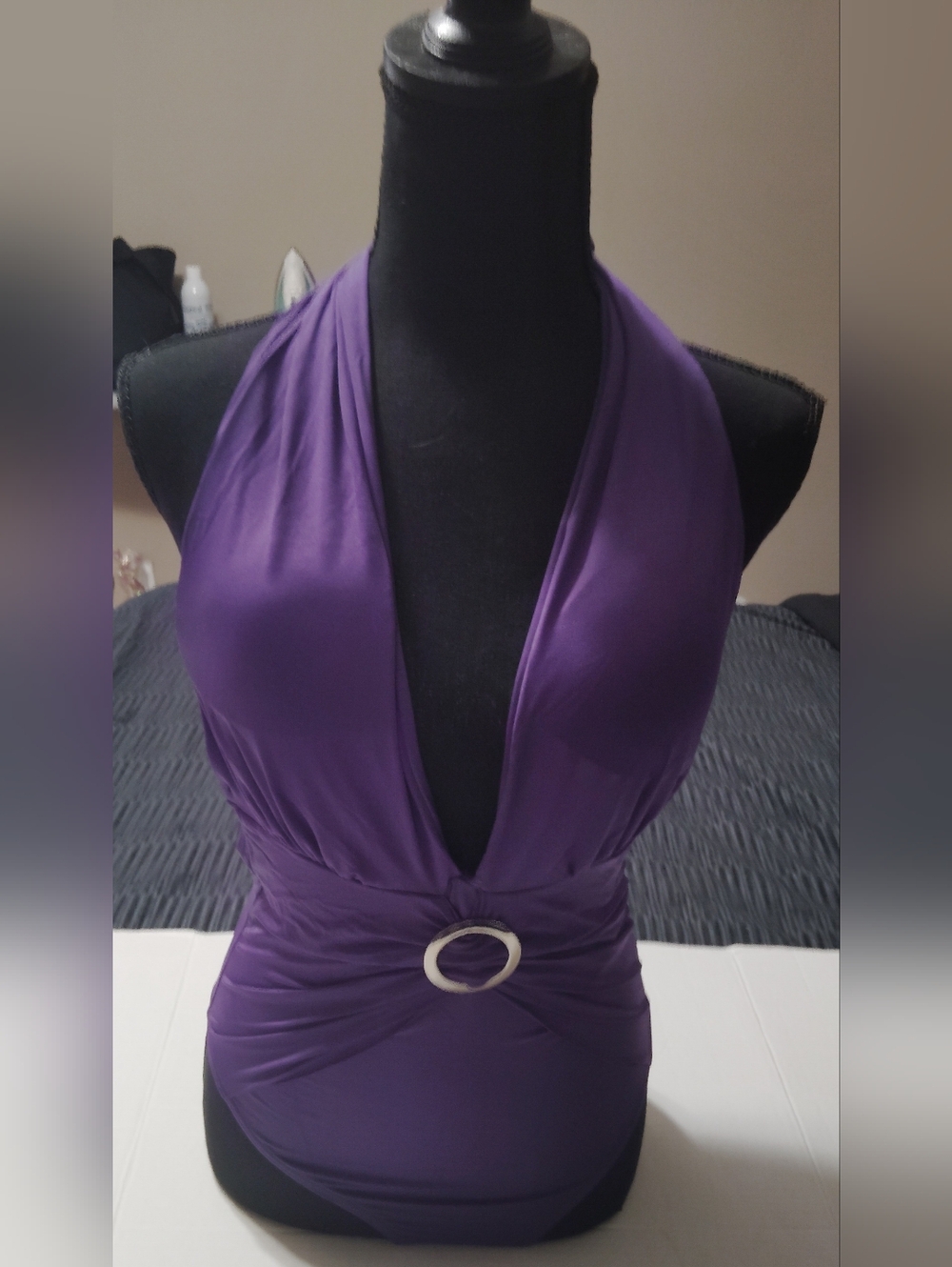 Plunging Purple One-Piece Bathing Suit with Silver Ring